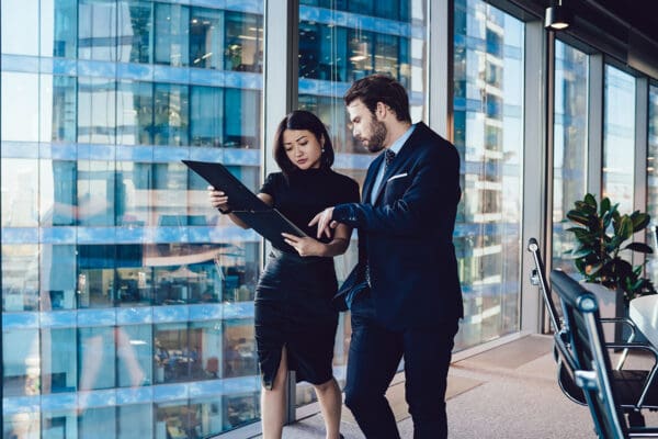 Young professional caucasian male and and female colleagues